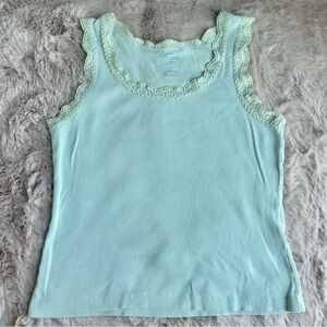 Vintage Talbots Minty Seafoam Blue Ribbed Tank Top with Lace Trim